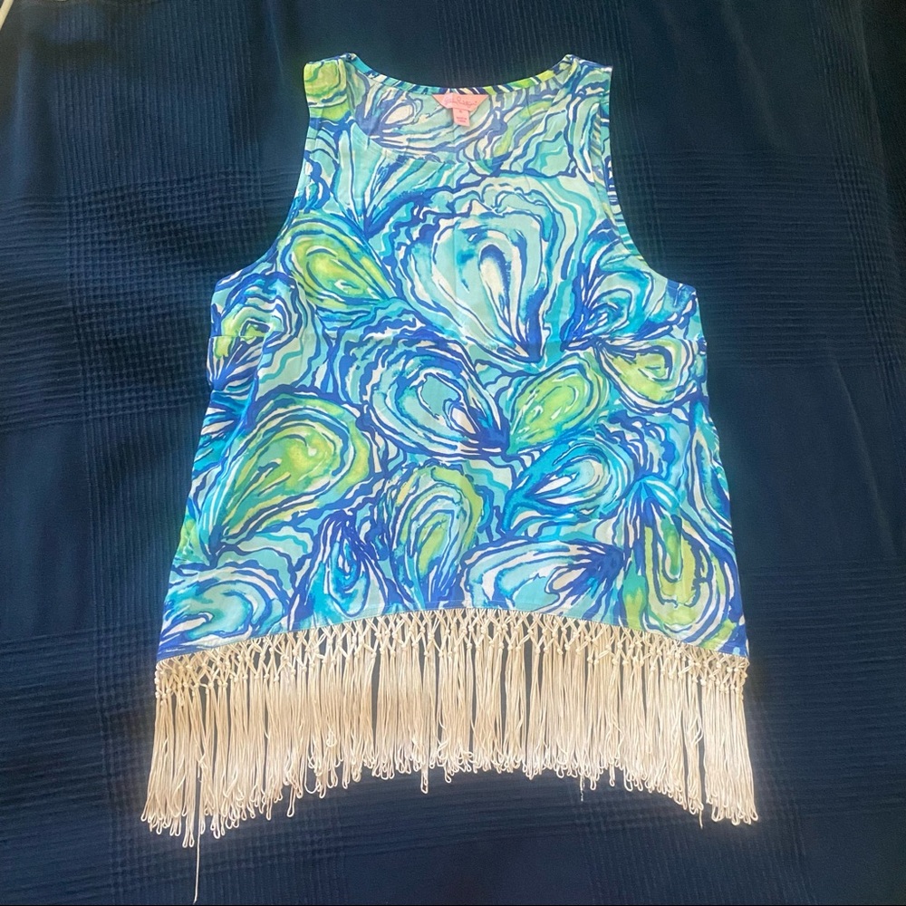Lilly Pulitzer Sparkling Blue Oh Shucks oyster fringe Sonya sleeveless t…